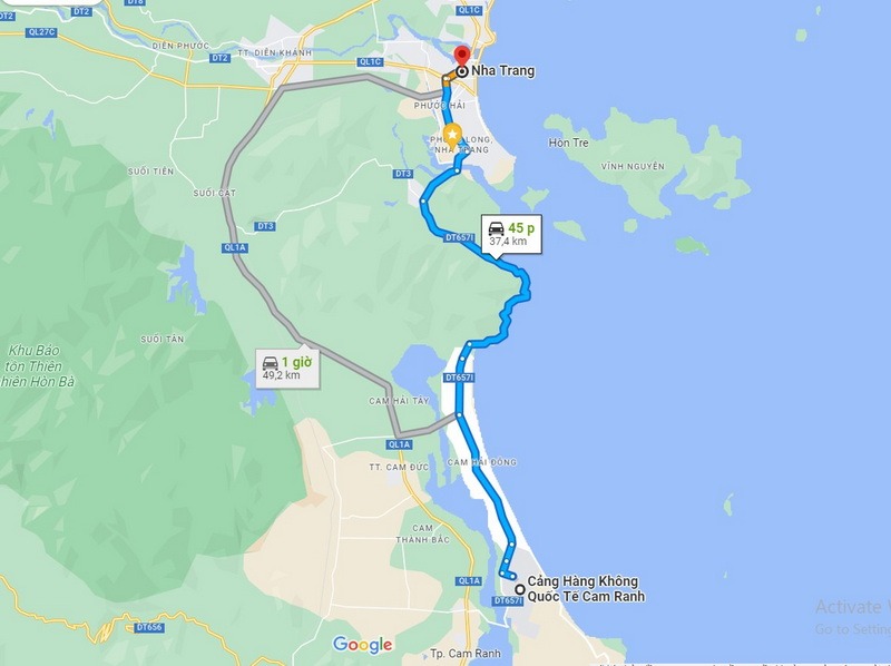 ảnh chụp Google maps từ sân bay Cam Ranh đi Nha Trang